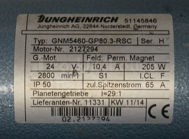 Variklis - Krovimo technika Jungheinrich 51145846 Steeringmotor 24V type GNM5460 GP80,3 RSC Steering sensor  52037950 year 2014 motor nr. 2127294: foto 3