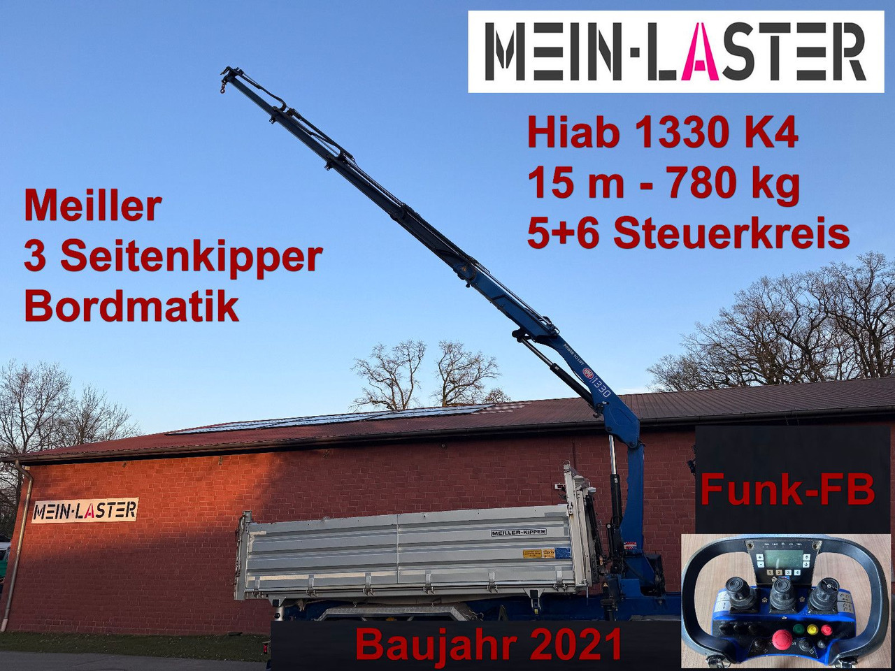 MAN Aufbau Meiller Bordmatik + HMF 1330 K4 15m Funk - Savivartis sunkvežimis, Sunkvežimis su kranu: foto 1 MAN Aufbau Meiller Bordmatik + HMF 1330 K4 15m Funk - Savivartis sunkvežimis, Sunkvežimis su kranu: foto 1