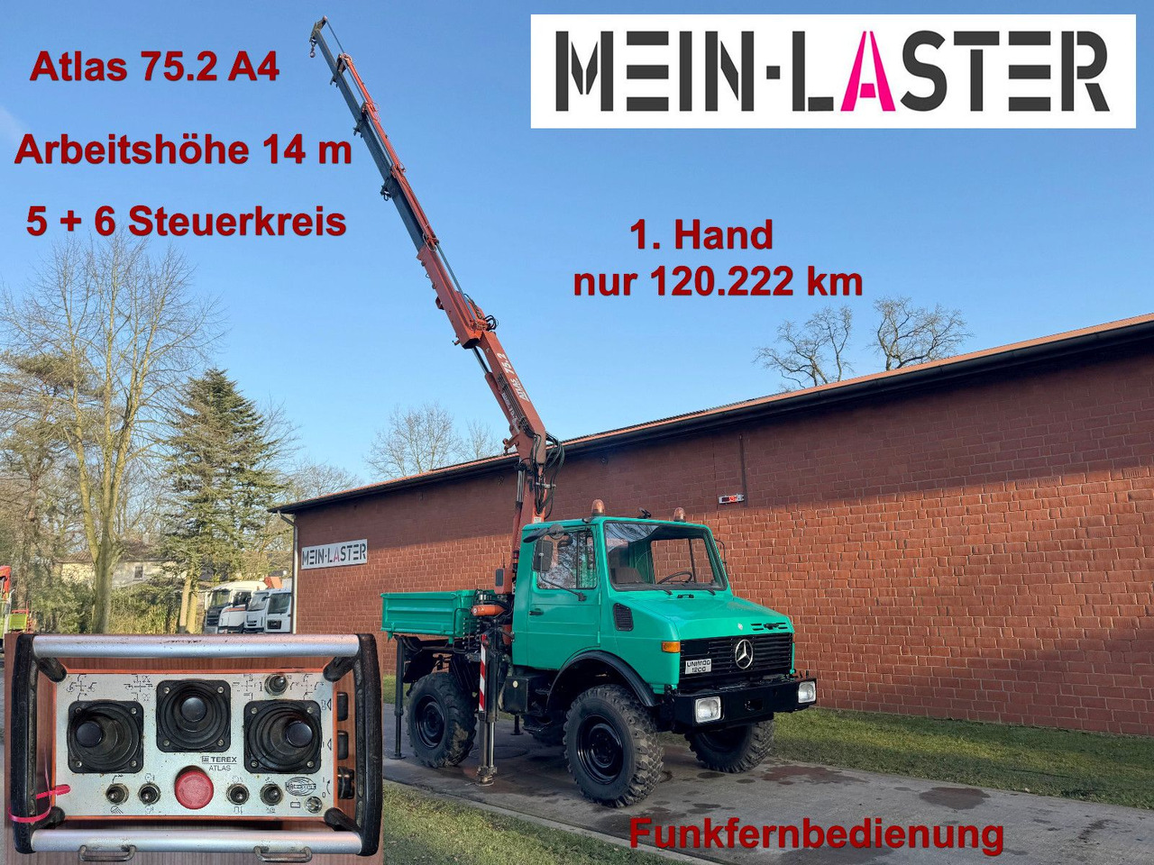 Unimog U 1200 Atlas 75.2 Kran 14 m Funk FB *1. Hand - Sunkvežimis su kranu, Savivartis sunkvežimis: foto 1 Unimog U 1200 Atlas 75.2 Kran 14 m Funk FB *1. Hand - Sunkvežimis su kranu, Savivartis sunkvežimis: foto 1