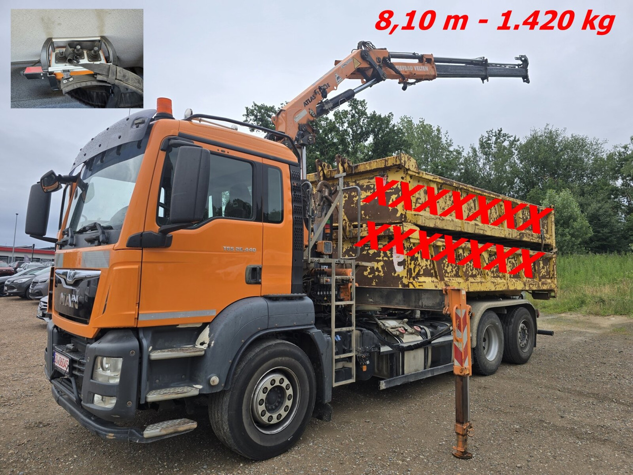 MAN TGS 28.440 6x2-4 BL TGS 28.440 6x2-4 BL, Atlas Kran VDL Abrollanlage, Funk, Lenk-Liftachse - Hook-lift sunkvežimis, Sunkvežimis su kranu: foto 1 MAN TGS 28.440 6x2-4 BL TGS 28.440 6x2-4 BL, Atlas Kran VDL Abrollanlage, Funk, Lenk-Liftachse - Hook-lift sunkvežimis, Sunkvežimis su kranu: foto 1