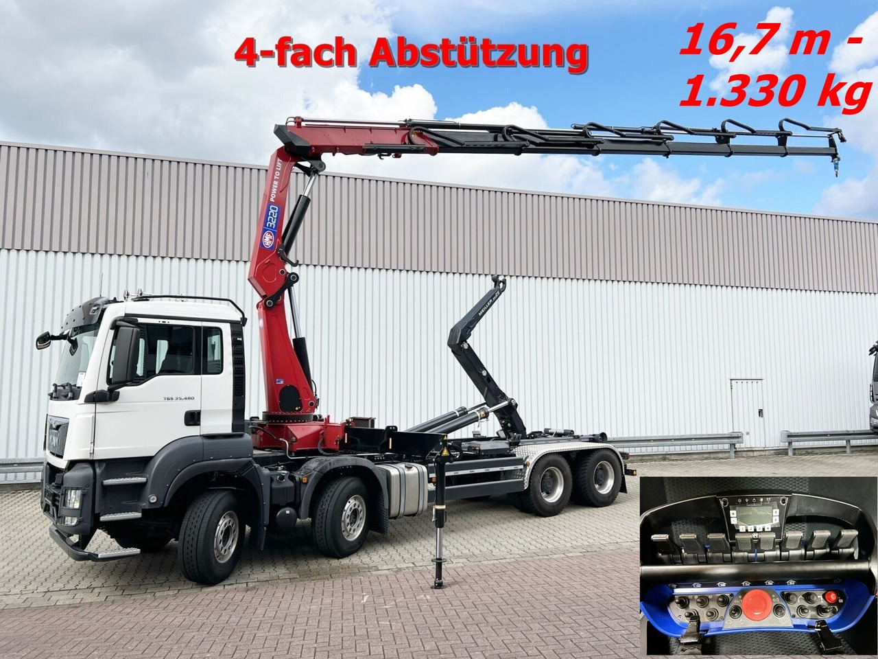 MAN TGS 35.480 8X4 BL TGS 35.480 8X4 BL, Intarder, Kran HMF 3220-K6, 4-fach Abstützung, Funk - Hook-lift sunkvežimis, Sunkvežimis su kranu: foto 1 MAN TGS 35.480 8X4 BL TGS 35.480 8X4 BL, Intarder, Kran HMF 3220-K6, 4-fach Abstützung, Funk - Hook-lift sunkvežimis, Sunkvežimis su kranu: foto 1