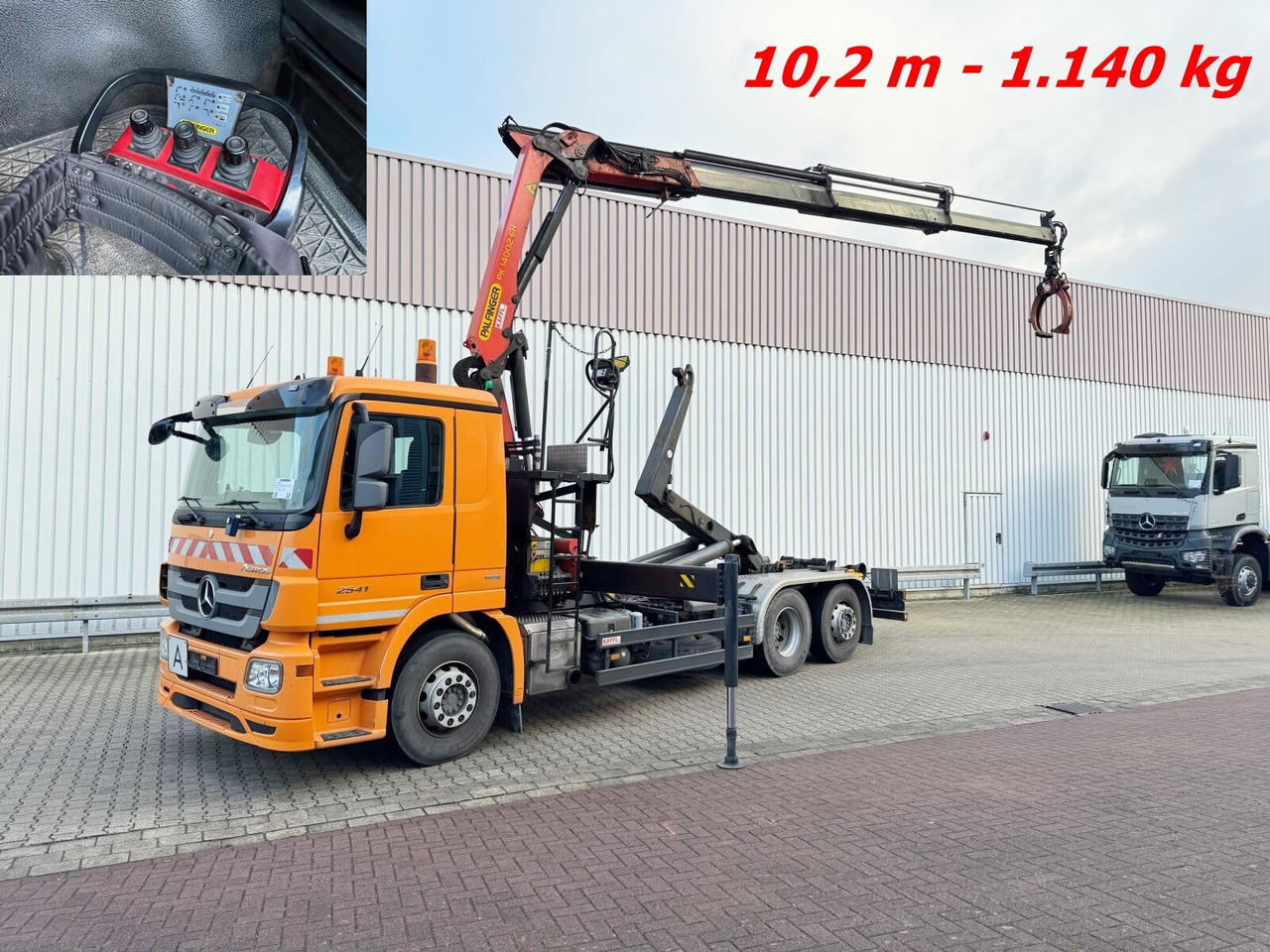 Mercedes-Benz Actros 2541 L 6x2 Actros 2541 L 6x2, Lenkachse, Meiller RK 20.65, Kran Palfinger PK 14002-EH, Funk - Hook-lift sunkvežimis, Sunkvežimis su kranu: foto 1 Mercedes-Benz Actros 2541 L 6x2 Actros 2541 L 6x2, Lenkachse, Meiller RK 20.65, Kran Palfinger PK 14002-EH, Funk - Hook-lift sunkvežimis, Sunkvežimis su kranu: foto 1
