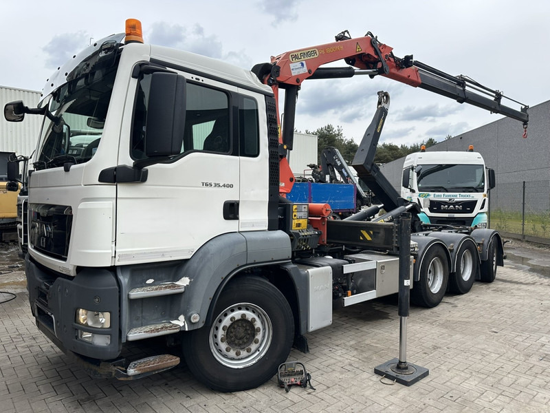 MAN TGS 35.400 8x4 TRIDEM HOOKLIFT T22 + CRANE PALFINGER PK 18001 EH + RADIO - EURO 5 - LIFT/STEERING AXLE - BE TRUCK - Hook-lift sunkvežimis, Sunkvežimis su kranu: foto 1 MAN TGS 35.400 8x4 TRIDEM HOOKLIFT T22 + CRANE PALFINGER PK 18001 EH + RADIO - EURO 5 - LIFT/STEERING AXLE - BE TRUCK - Hook-lift sunkvežimis, Sunkvežimis su kranu: foto 1