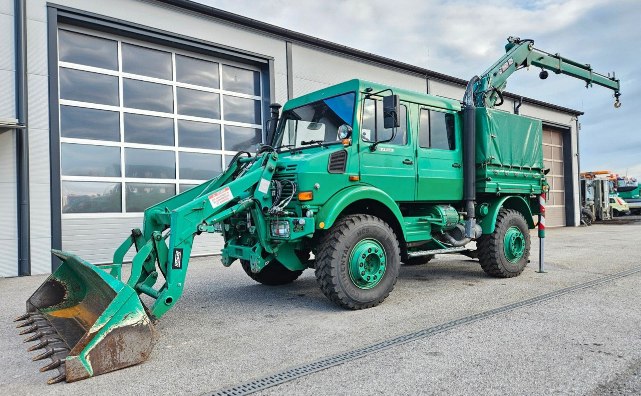 Unimog U2150 Doka HIAB 105 Kran Winde Frontlader - Sunkvežimis, Sunkvežimis su kranu: foto 1 Unimog U2150 Doka HIAB 105 Kran Winde Frontlader - Sunkvežimis, Sunkvežimis su kranu: foto 1