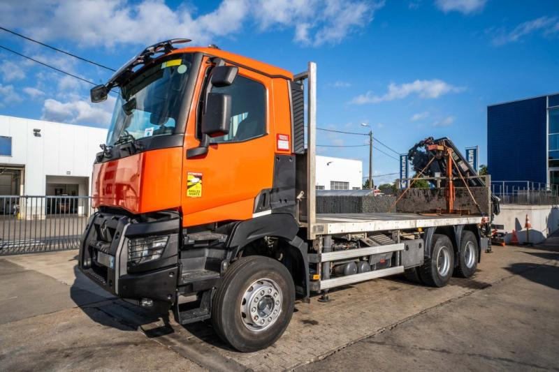 Renault K 380+HIAB 16T/m ( 4 Ext.) - Platforminis/ Bortinis sunkvežimis, Sunkvežimis su kranu: foto 1 Renault K 380+HIAB 16T/m ( 4 Ext.) - Platforminis/ Bortinis sunkvežimis, Sunkvežimis su kranu: foto 1