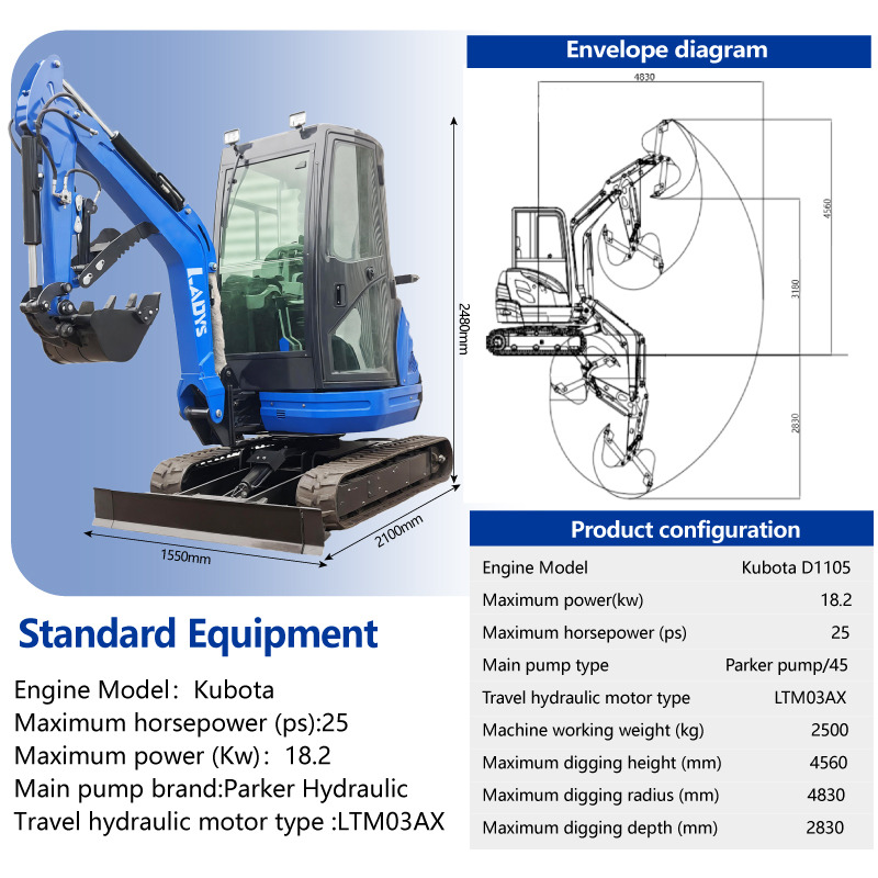 LADYS DY25U Mini Excavator Euro 5/Epa Engine Kubota Mini Excavator For Sale - Mini ekskavatorius: foto 2 LADYS DY25U Mini Excavator Euro 5/Epa Engine Kubota Mini Excavator For Sale - Mini ekskavatorius: foto 2