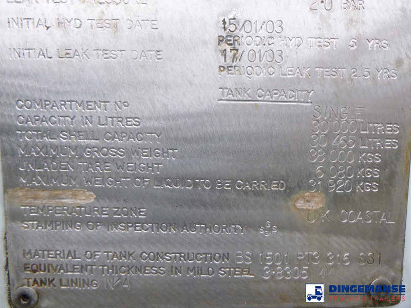 Puspriekabė cisterna Clayton Chemical tank inox 30 m3 / 1 comp: foto 17
