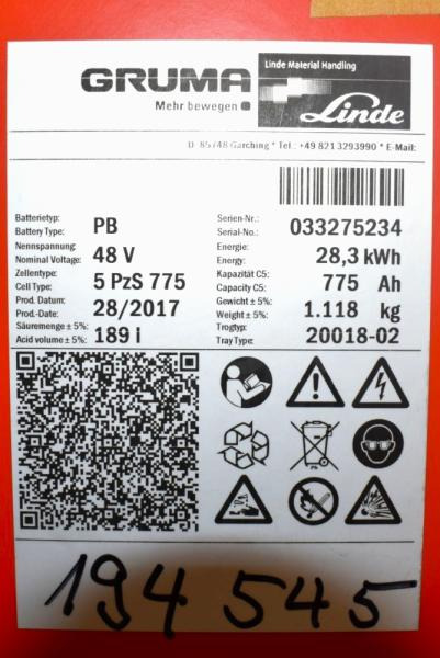 GRUMA 48 Volt 5 PzS 775 Ah - Akumuliatorius - Krovimo technika: foto 5 GRUMA 48 Volt 5 PzS 775 Ah - Akumuliatorius - Krovimo technika: foto 5