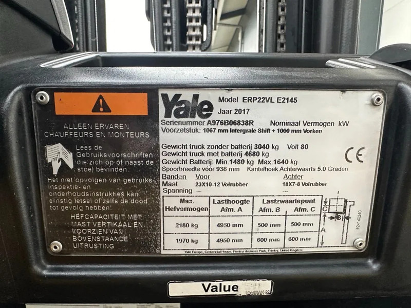 Yale ERP22VL 2.2 ton Triplex Freelift Sideshift Elektra Heftruck Accu 2022 - Elektrinis krautuvas: foto 5 Yale ERP22VL 2.2 ton Triplex Freelift Sideshift Elektra Heftruck Accu 2022 - Elektrinis krautuvas: foto 5